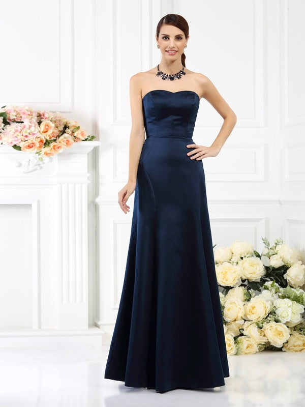 Sheath/Column Strapless Sleeveless Long Satin Bridesmaid Dresses