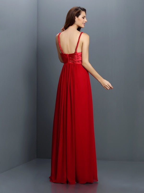 A-Line/Princess V-neck Hand-Made Flower Sleeveless Long Chiffon Bridesmaid Dresses