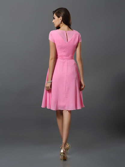 A-Line/Princess Scoop Sash/Ribbon/Belt Short Sleeves Short Chiffon Bridesmaid Dresses