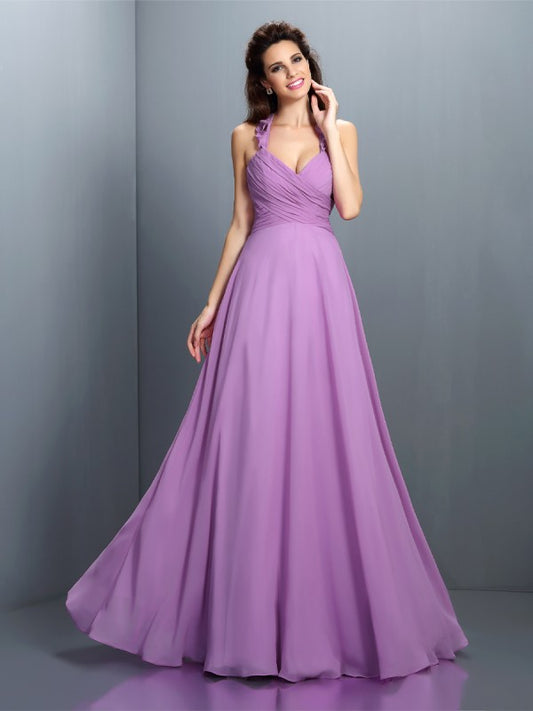 A-Line/Princess Halter Pleats Sleeveless Long Chiffon Bridesmaid Dresses