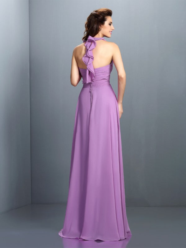 A-Line/Princess Halter Pleats Sleeveless Long Chiffon Bridesmaid Dresses