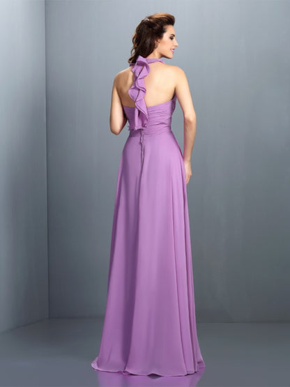 A-Line/Princess Halter Pleats Sleeveless Long Chiffon Bridesmaid Dresses