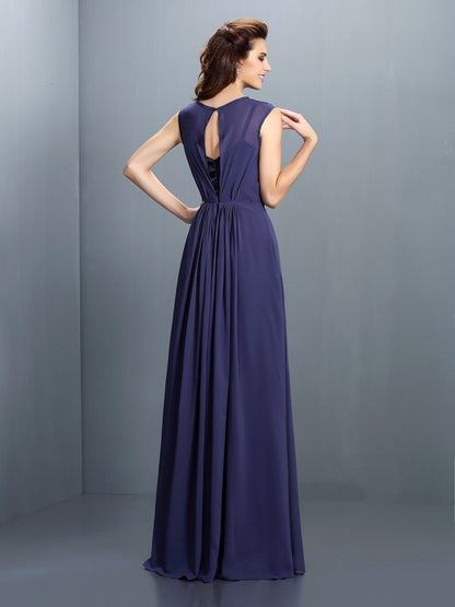 A-Line/Princess High Neck Pleats Sleeveless Long Chiffon Bridesmaid Dresses