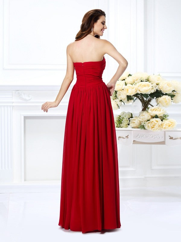 A-Line/Princess Strapless Hand-Made Flower Sleeveless Long Chiffon Bridesmaid Dresses