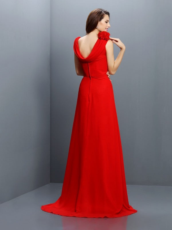 A-Line/Princess Bateau Hand-Made Flower Sleeveless Long Chiffon Bridesmaid Dresses