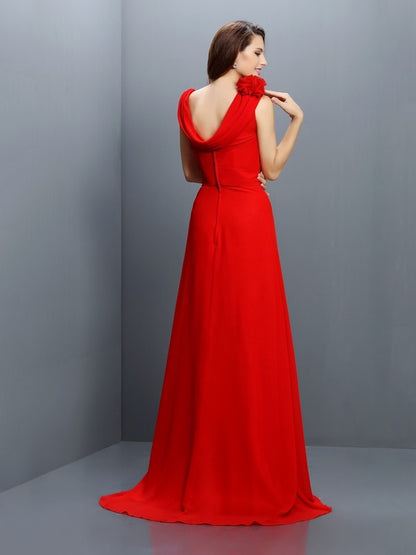 A-Line/Princess Bateau Hand-Made Flower Sleeveless Long Chiffon Bridesmaid Dresses