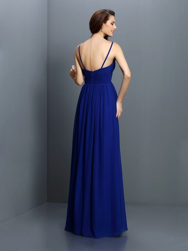 A-Line/Princess V-neck Pleats Sleeveless Long Chiffon Bridesmaid Dresses