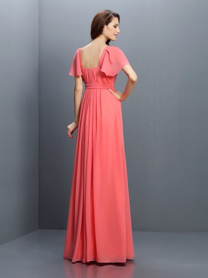 A-Line/Princess Sweetheart Pleats 1/2 Sleeves Long Chiffon Bridesmaid Dresses