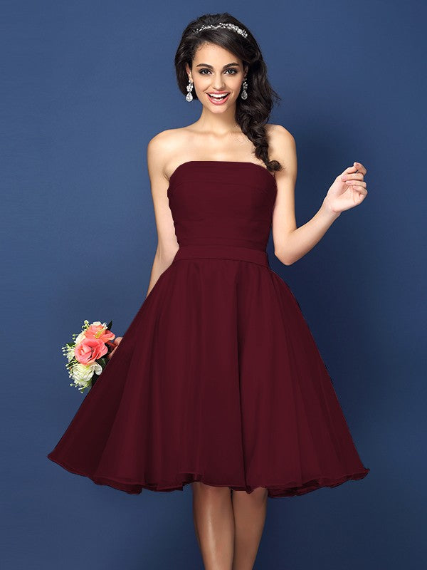 A-Line/Princess Strapless Pleats Sleeveless Short Satin Bridesmaid Dresses