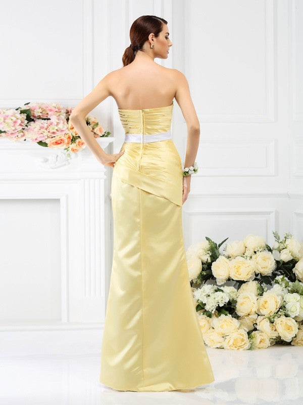 Trumpet/Mermaid Strapless Pleats Sleeveless Long Satin Bridesmaid Dresses