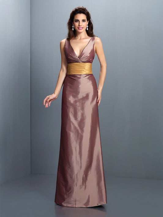 Sheath/Column V-neck Pleats Sleeveless Long Taffeta Dresses