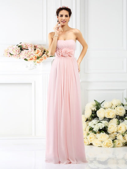 A-Line/Princess Strapless Hand-Made Flower Sleeveless Long Chiffon Bridesmaid Dresses