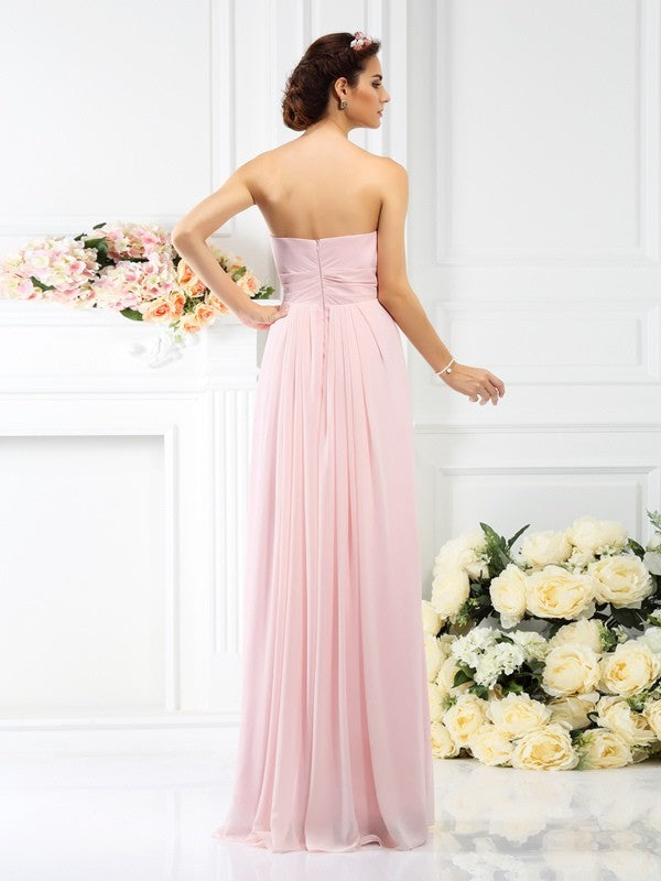 A-Line/Princess Strapless Hand-Made Flower Sleeveless Long Chiffon Bridesmaid Dresses