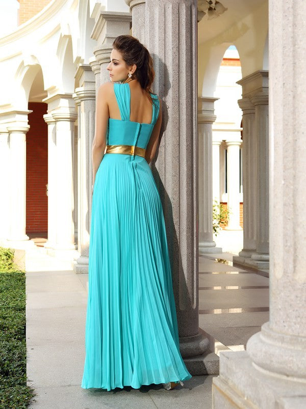 A-Line/Princess Pleats Sleeveless Long Chiffon Dresses