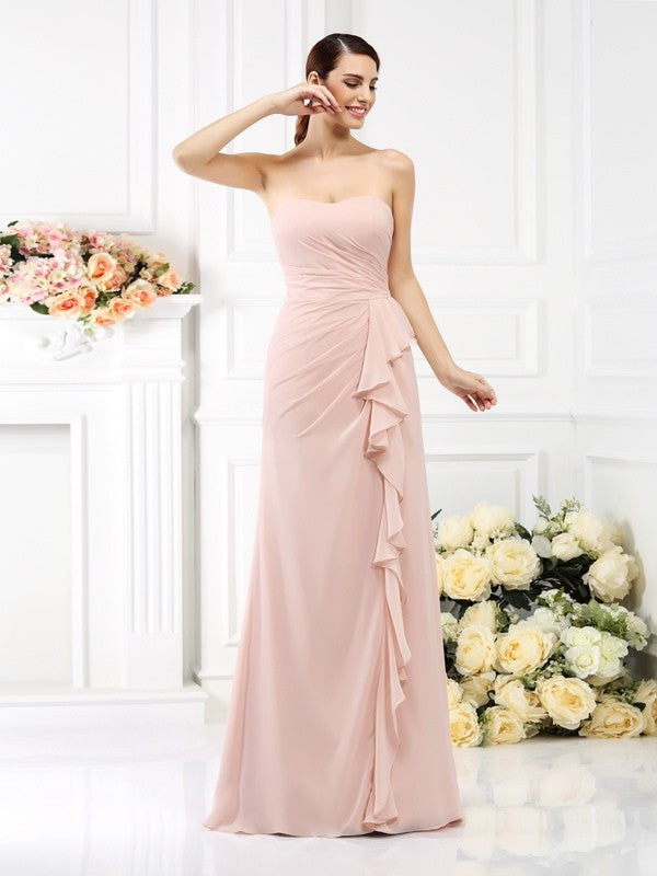 A-Line/Princess Strapless Pleats Sleeveless Long Chiffon Bridesmaid Dresses