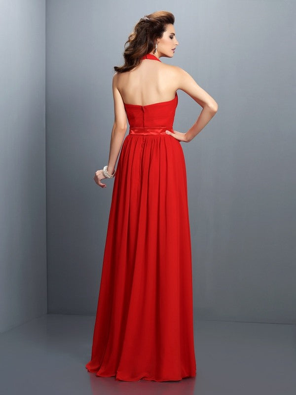 A-Line/Princess Halter Pleats Sleeveless Long Chiffon Bridesmaid Dresses