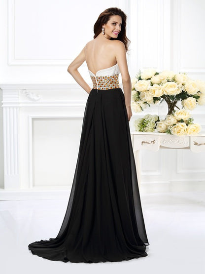 A-Line/Princess Sweetheart Beading Sleeveless Long Chiffon Dresses