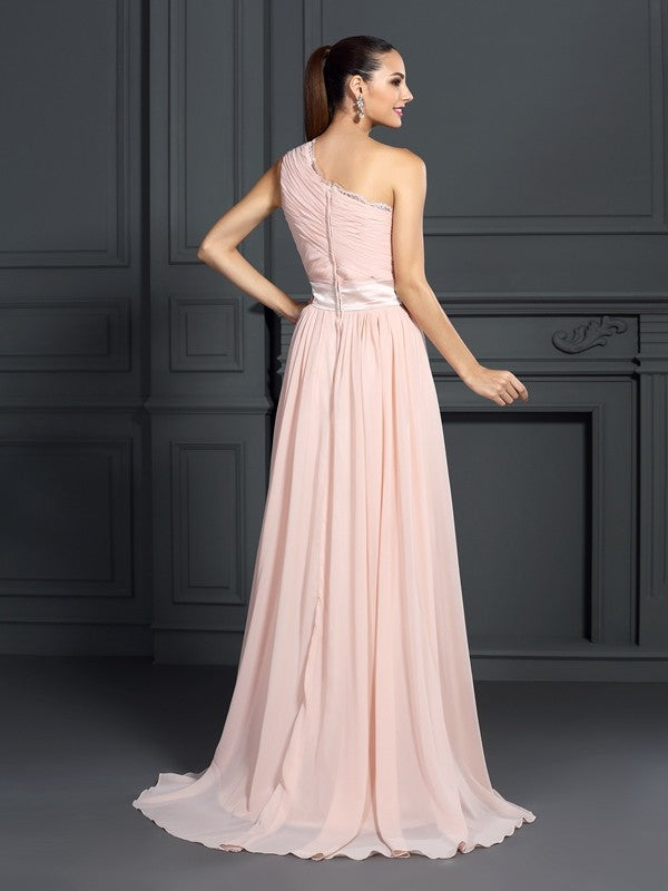 A-Line/Princess One-Shoulder Ruffles Sleeveless Long Chiffon Dresses