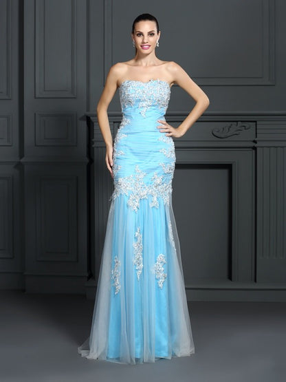 Trumpet/Mermaid Strapless Applique Sleeveless Long Elastic Woven Satin Dresses