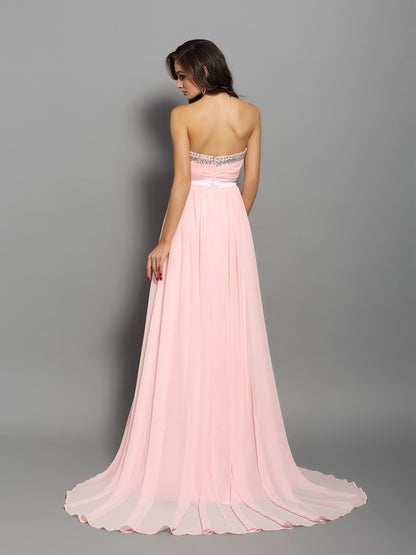 A-Line/Princess Sweetheart Beading Sleeveless Long Chiffon Dresses