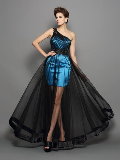 A-Line/Princess One-Shoulder Ruched Sleeveless Long Elastic Woven Satin Dresses