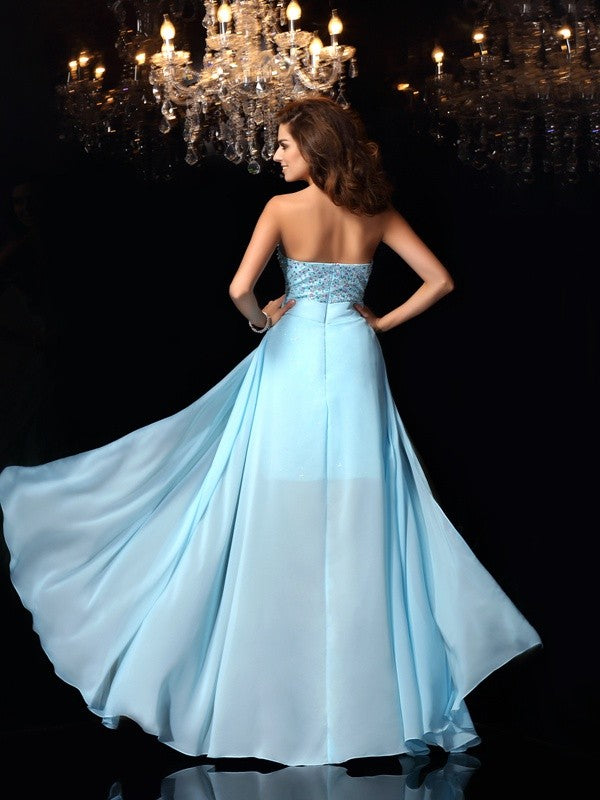 A-Line/Princess Sweetheart Beading Sleeveless Long Chiffon Dresses