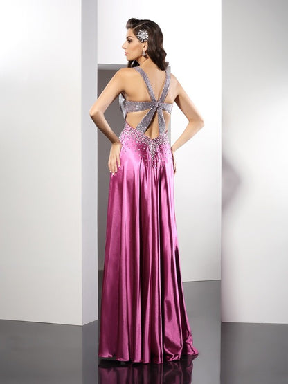 A-Line/Princess Straps Beading Sleeveless Long  Woven Satin Dresses