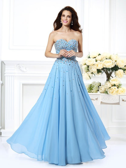 A-Line/Princess Sweetheart Beading Sleeveless Long Chiffon Dresses