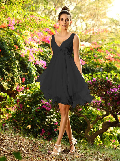 A-Line/Princess V-neck Ruffles Sleeveless Short Chiffon Bridesmaid Dresses