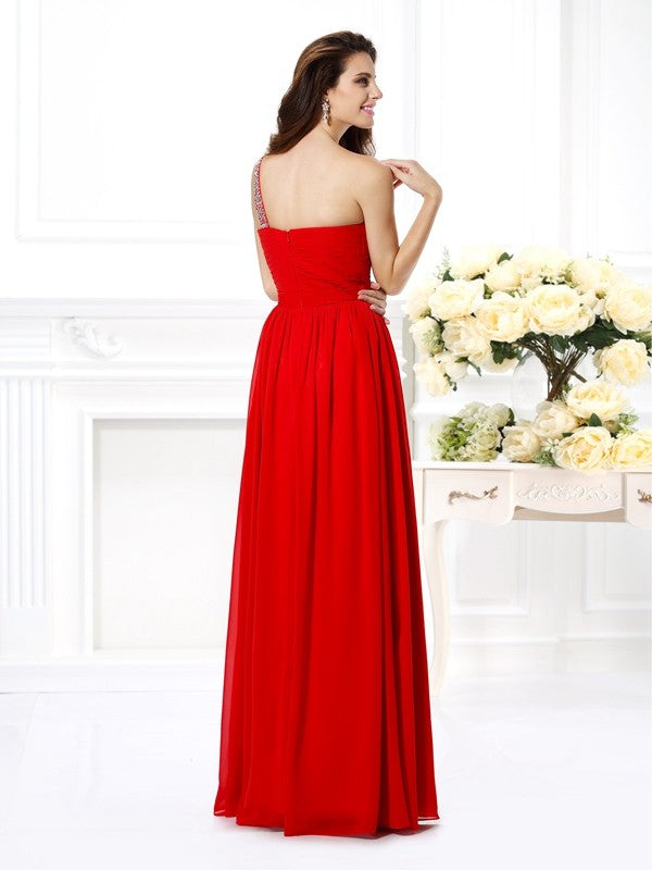 A-Line/Princess One-Shoulder Beading Sleeveless Long Chiffon Dresses