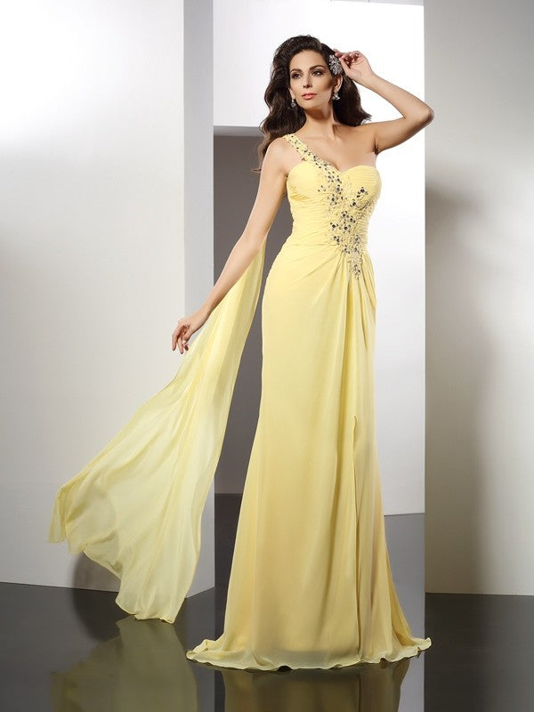 A-Line/Princess One-Shoulder Beading Sleeveless Long Chiffon Dresses