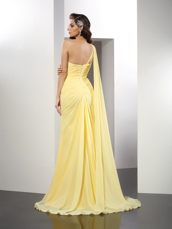 A-Line/Princess One-Shoulder Beading Sleeveless Long Chiffon Dresses