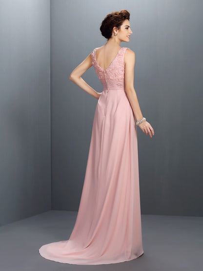 A-Line/Princess V-neck Beading Sleeveless Long Chiffon Dresses