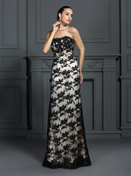 Sheath/Column Strapless Lace Sleeveless Long  Woven Satin Dresses