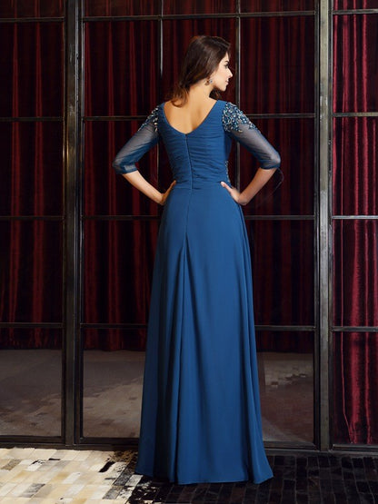 A-Line/Princess Square Ruched 1/2 Sleeves Long Chiffon Dresses