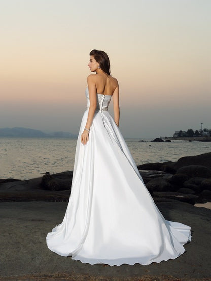 A-Line/Princess Sweetheart Beading Sleeveless Long Taffeta Beach Wedding Dresses