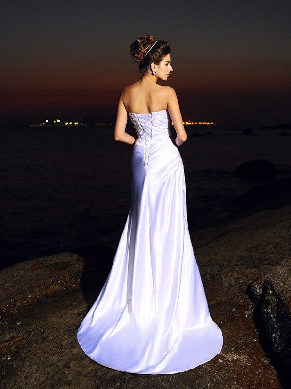 Trumpet/Mermaid Sweetheart Sleeveless Long Elastic Woven Satin Beach Wedding Dresses