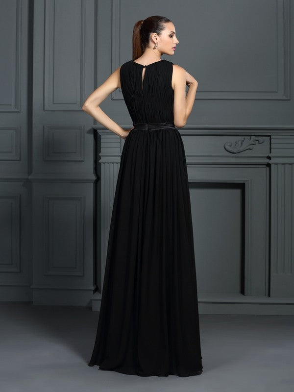 A-Line/Princess Scoop Pleats Sleeveless Long Chiffon Dresses