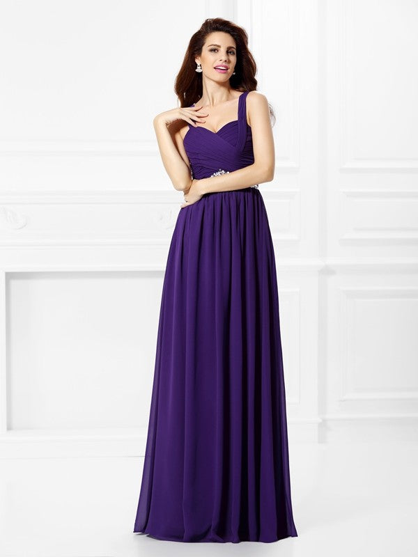 A-Line/Princess Sweetheart Beading Pleats Sleeveless Long Chiffon Dresses