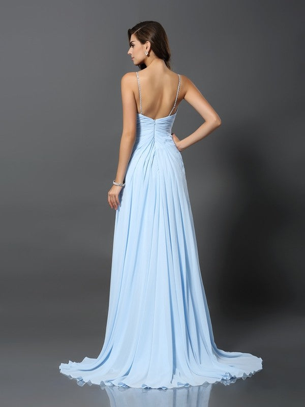 A-Line/Princess Spaghetti Straps Beading Sleeveless Long Chiffon Dresses