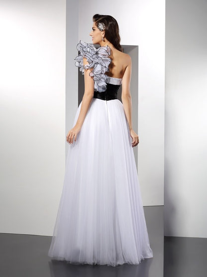 A-Line/Princess One-Shoulder Sash/Ribbon/Belt Sleeveless Long Net Dresses