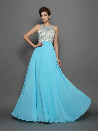 A-Line/Princess Scoop Beading Sleeveless Long Chiffon Dresses