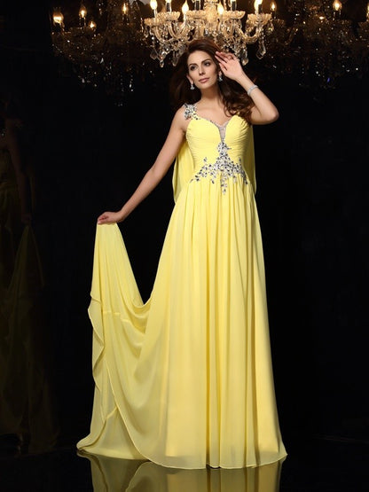 A-Line/Princess Straps Beading Sleeveless Long Chiffon Dresses