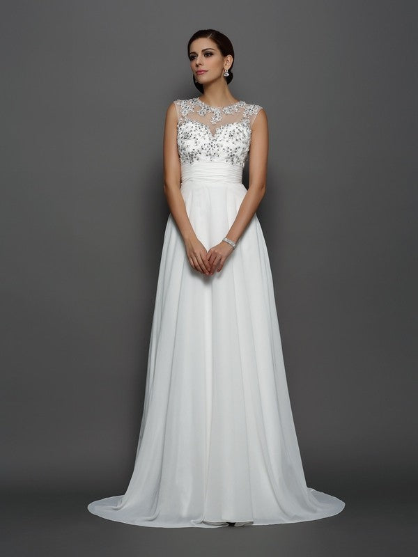 A-Line/Princess Bateau Applique Sleeveless Long Chiffon Dresses