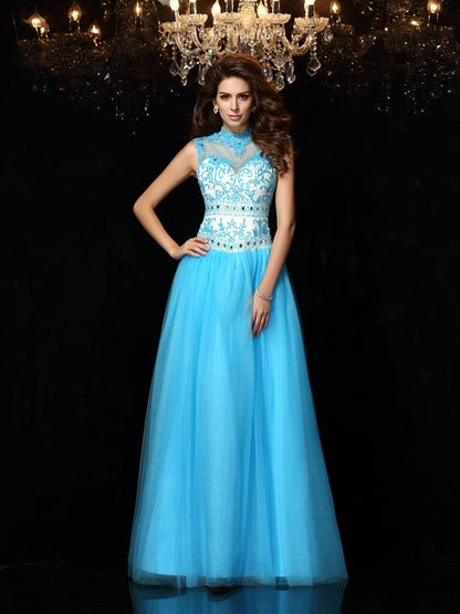 A-Line/Princess High Neck Applique Sleeveless Long Satin Dresses