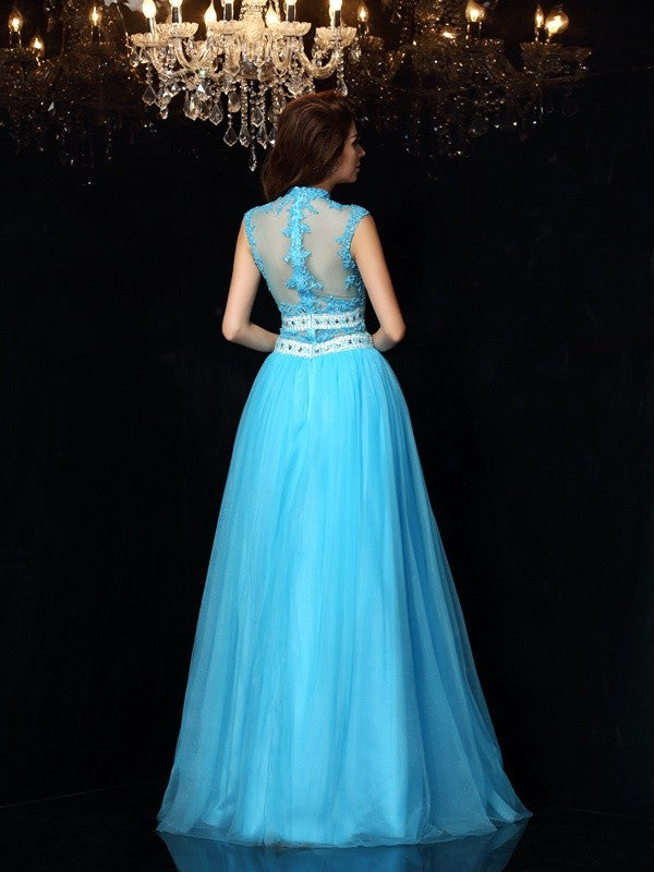 A-Line/Princess High Neck Applique Sleeveless Long Satin Dresses