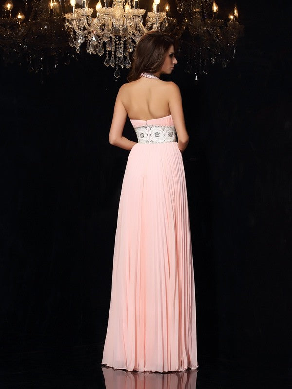 A-Line/Princess High Neck Pleats Sleeveless Long Chiffon Dresses