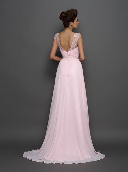 A-Line/Princess Scoop Beading Sleeveless Long Chiffon Dresses