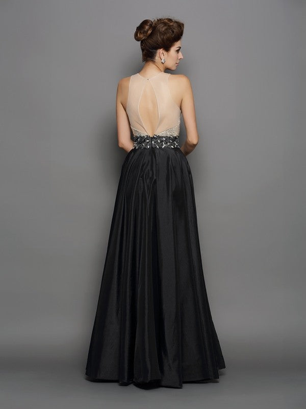 A-Line/Princess High Neck Sequin Sleeveless Long Taffeta Dresses