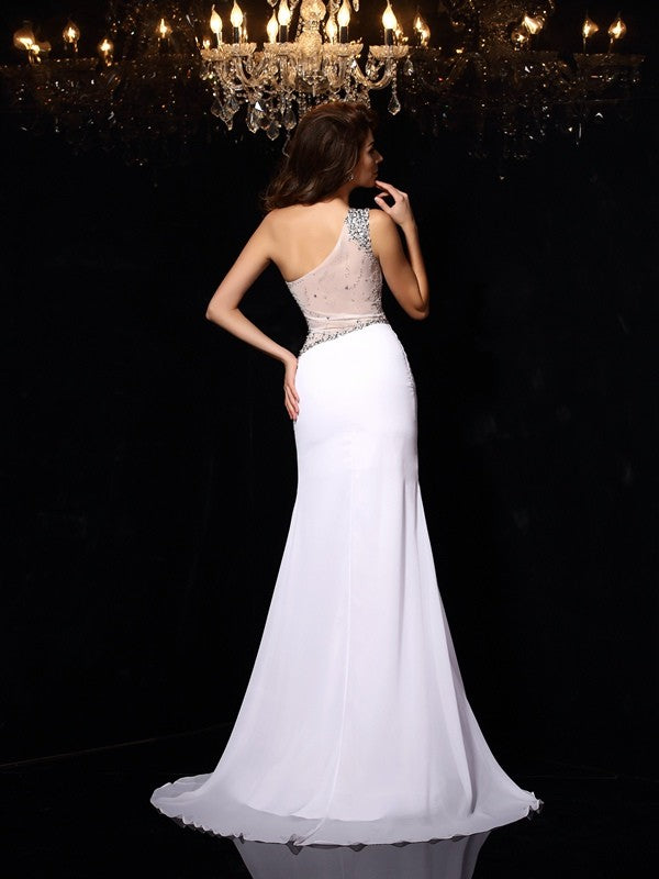 Sheath/Column One-Shoulder Beading Sleeveless Long Chiffon Dresses